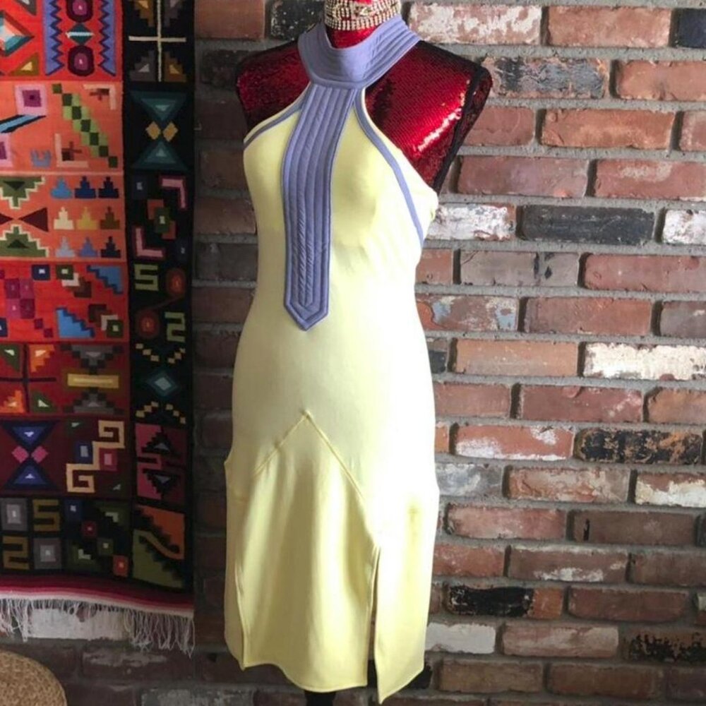 Nunual Yellow& Grey/Lavender Bodycon Stretch Knee Length Dress 95% Bamboo S